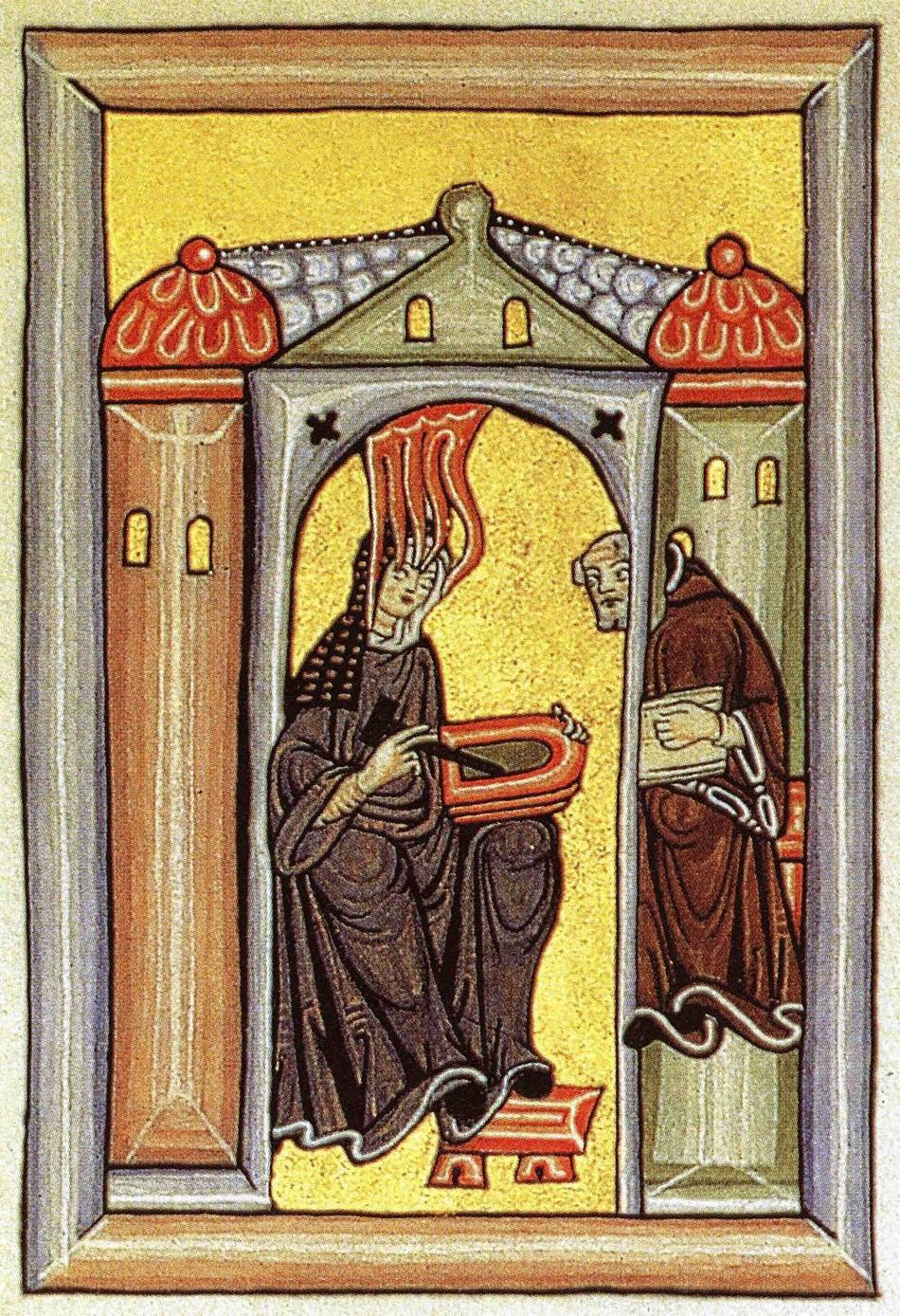 Medeltida miniatyr: Hildegard tar emot en vision som eldslågor och dikterar till sin skrivare